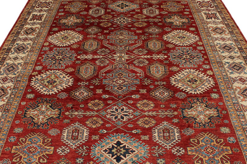 8x10 Red and Ivory Kazak Tribal Rug