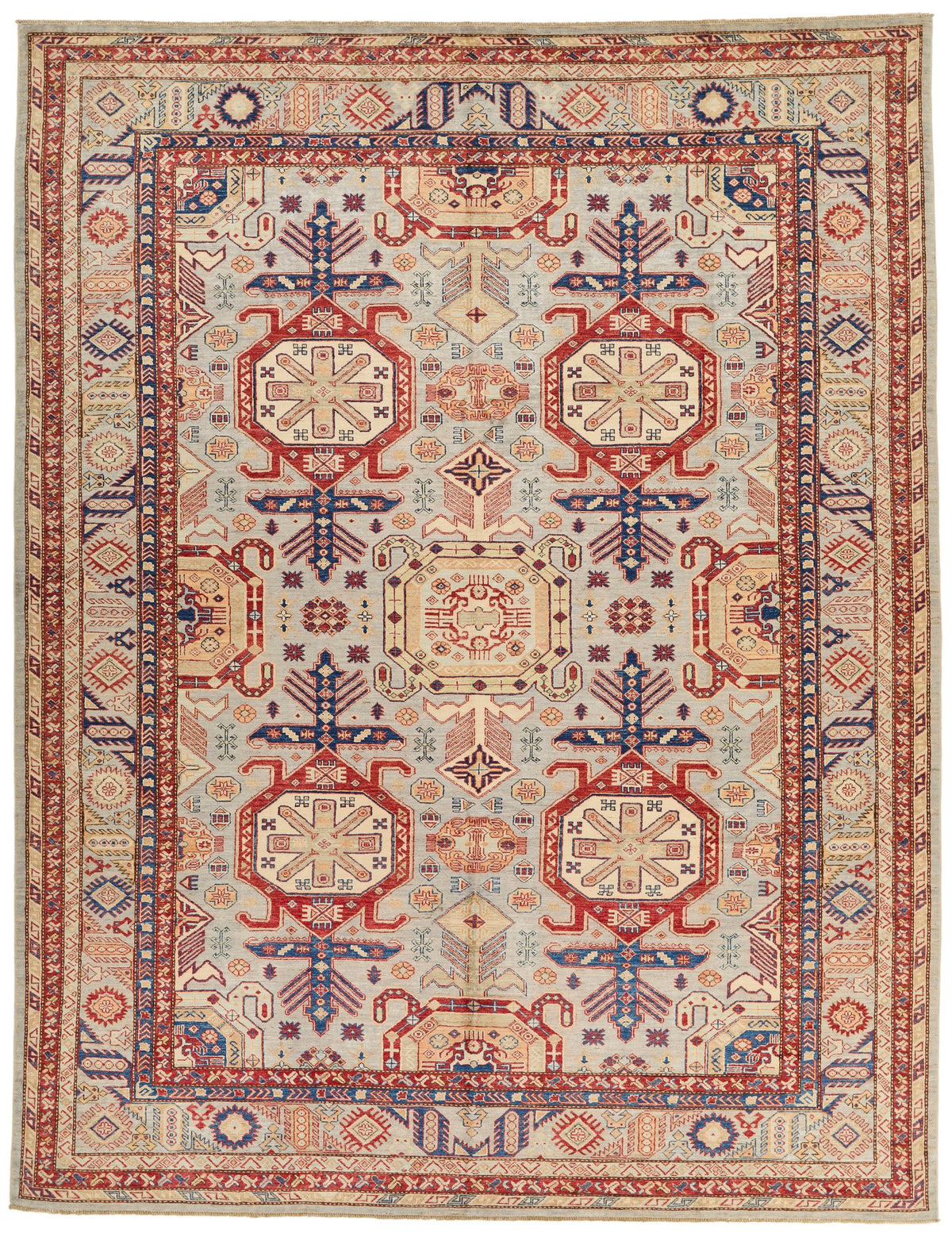 9x12 Light Gray and Multicolor Kazak Tribal Rug