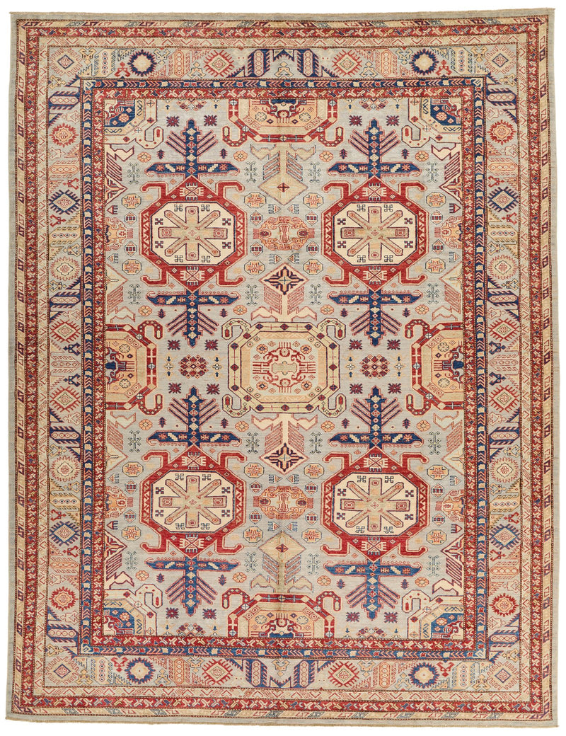 9x12 Light Gray and Multicolor Kazak Tribal Rug