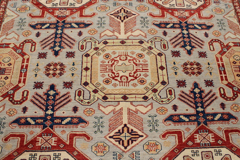 9x12 Light Gray and Multicolor Kazak Tribal Rug