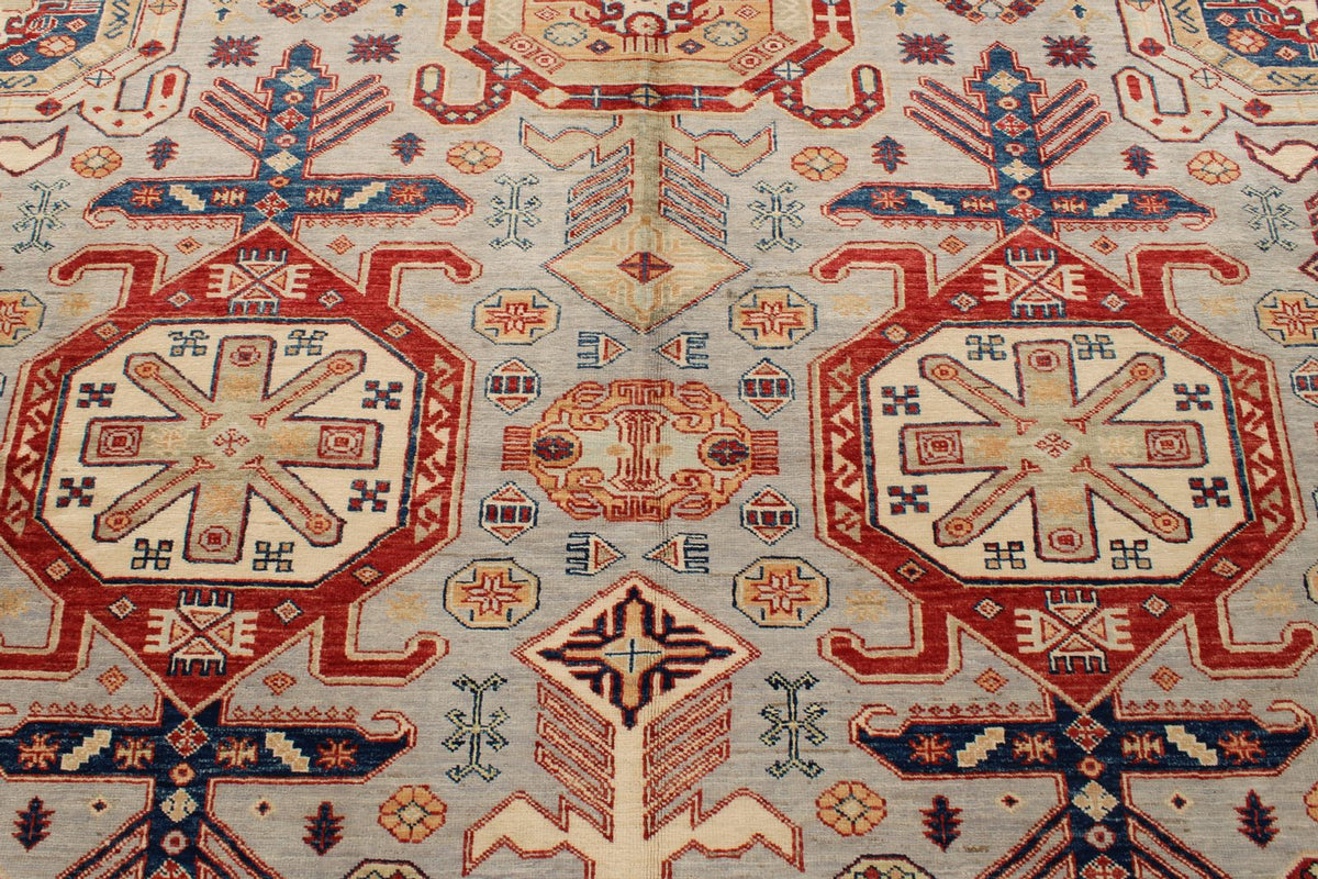 9x12 Light Gray and Multicolor Kazak Tribal Rug