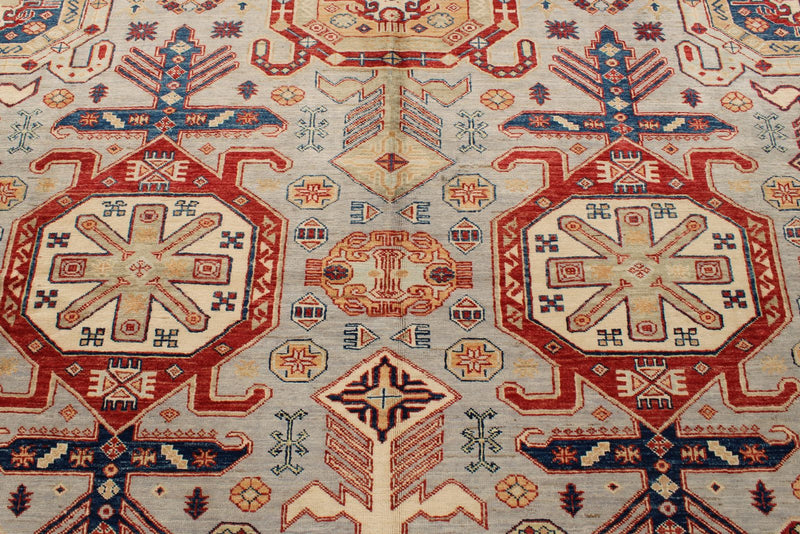9x12 Light Gray and Multicolor Kazak Tribal Rug
