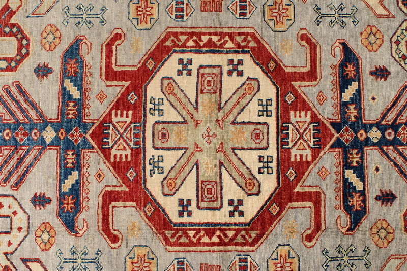 9x12 Light Gray and Multicolor Kazak Tribal Rug
