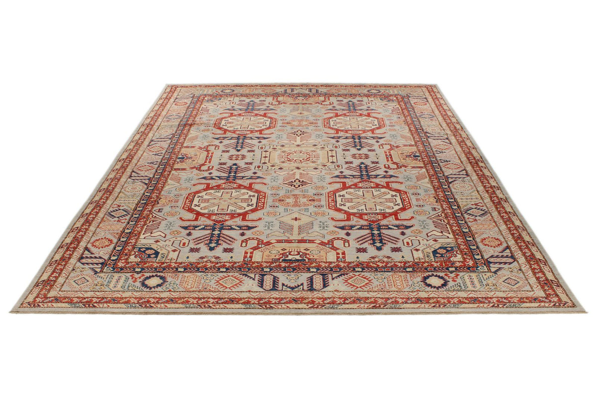 9x12 Light Gray and Multicolor Kazak Tribal Rug