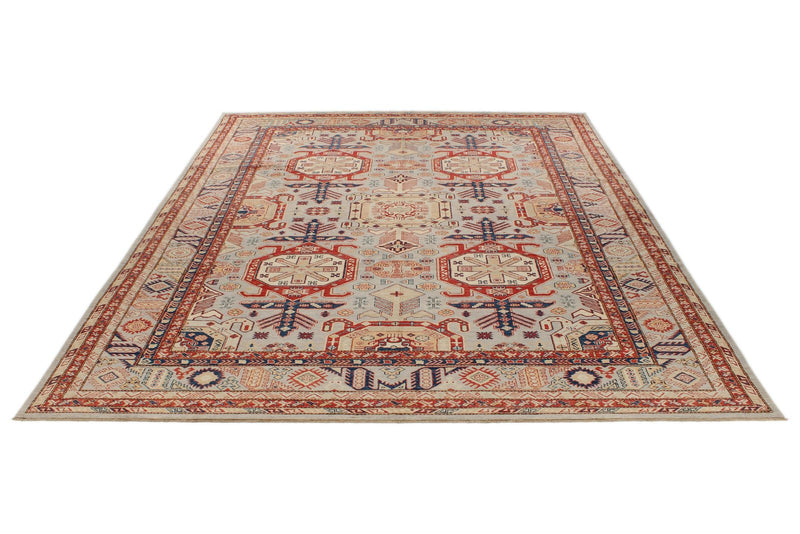 9x12 Light Gray and Multicolor Kazak Tribal Rug