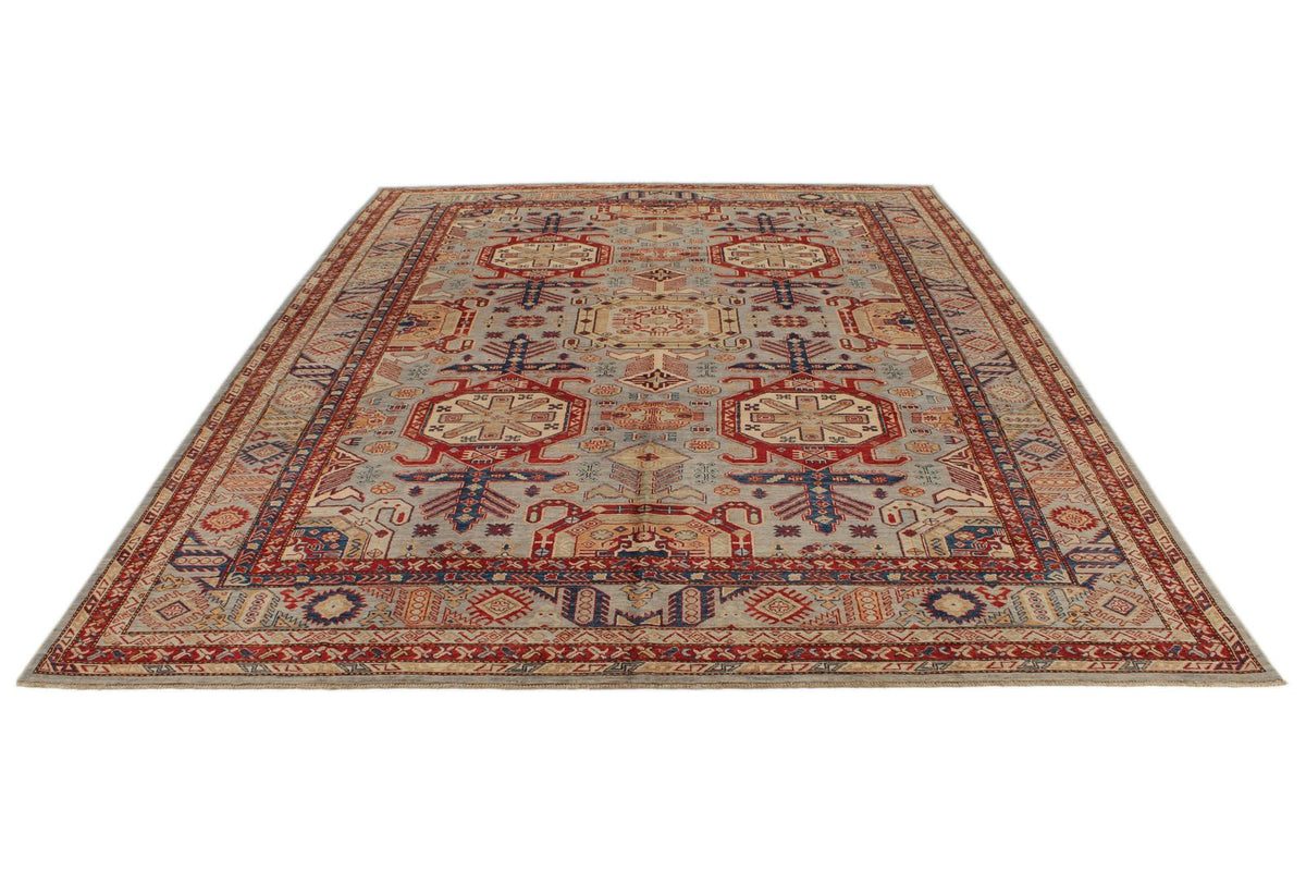 9x12 Light Gray and Multicolor Kazak Tribal Rug