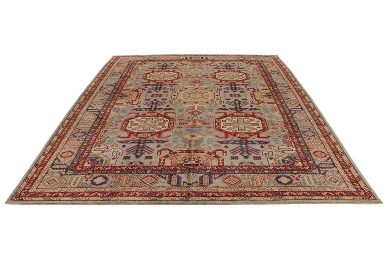 9x12 Light Gray and Multicolor Kazak Tribal Rug