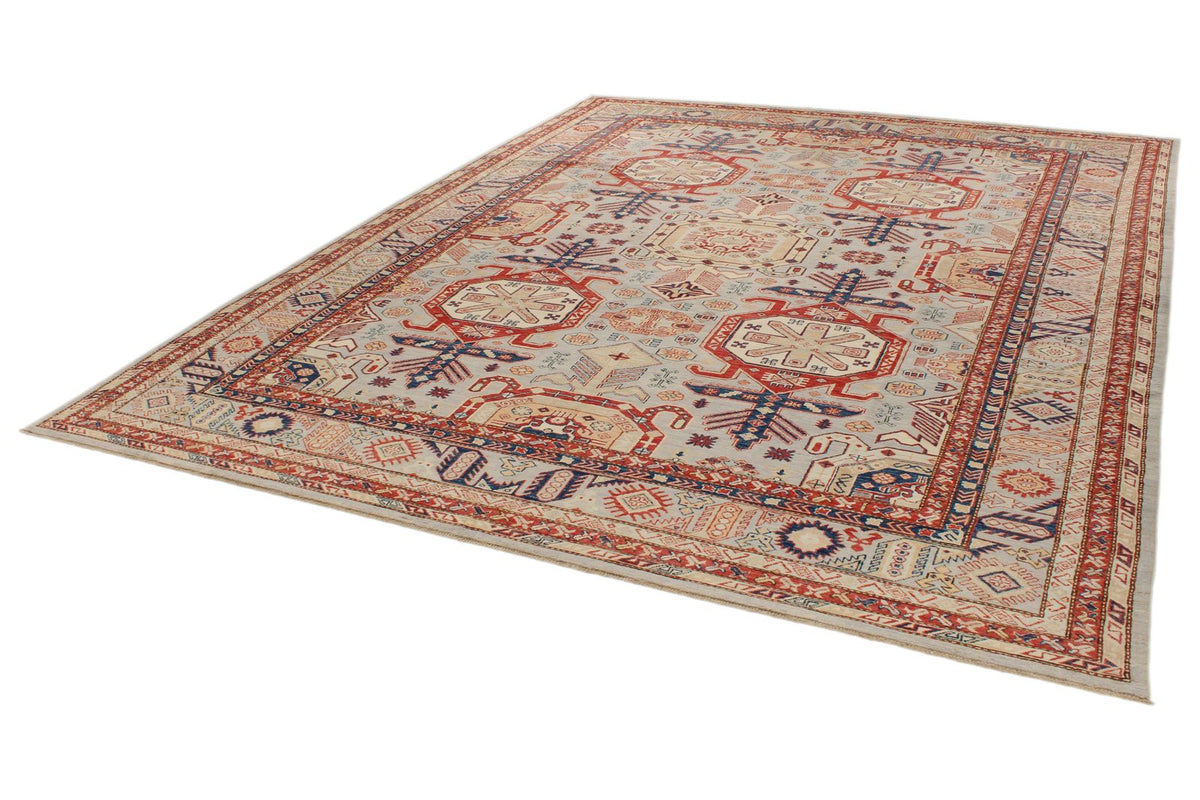 9x12 Light Gray and Multicolor Kazak Tribal Rug