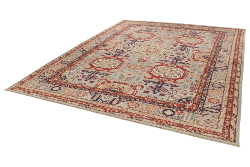 9x12 Light Gray and Multicolor Kazak Tribal Rug