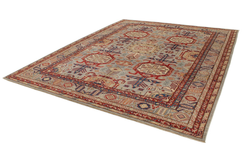 9x12 Light Gray and Multicolor Kazak Tribal Rug