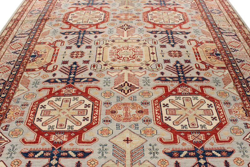 9x12 Light Gray and Multicolor Kazak Tribal Rug