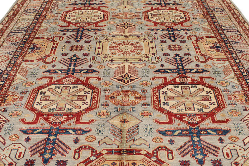 9x12 Light Gray and Multicolor Kazak Tribal Rug