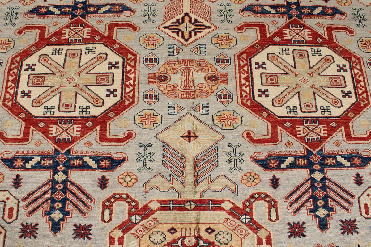 9x12 Light Gray and Multicolor Kazak Tribal Rug
