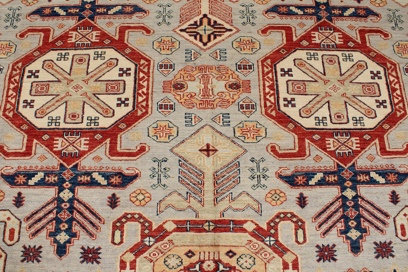 9x12 Light Gray and Multicolor Kazak Tribal Rug