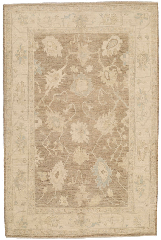 6x9 Brown and Ivory Turkish Oushak Rug