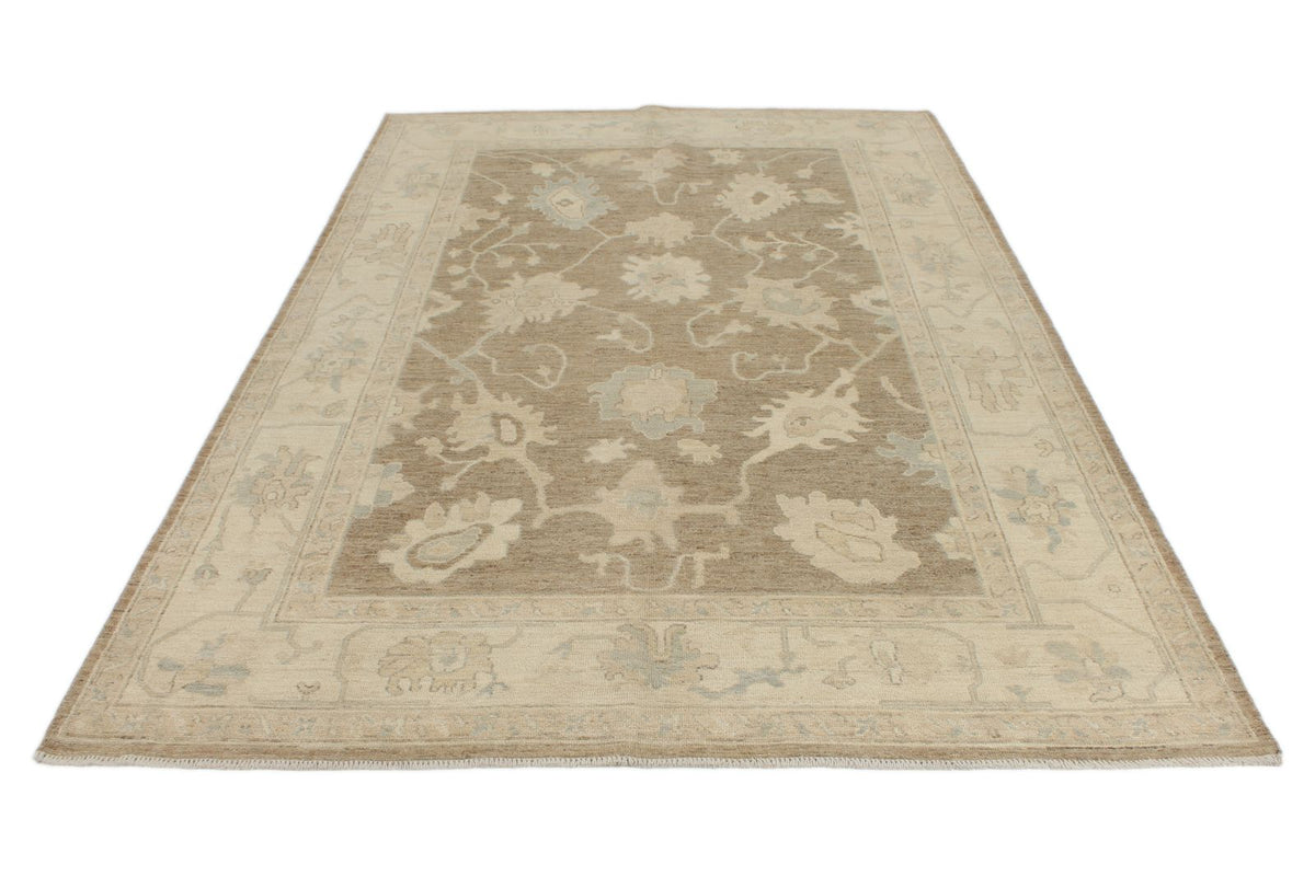 6x9 Brown and Ivory Turkish Oushak Rug