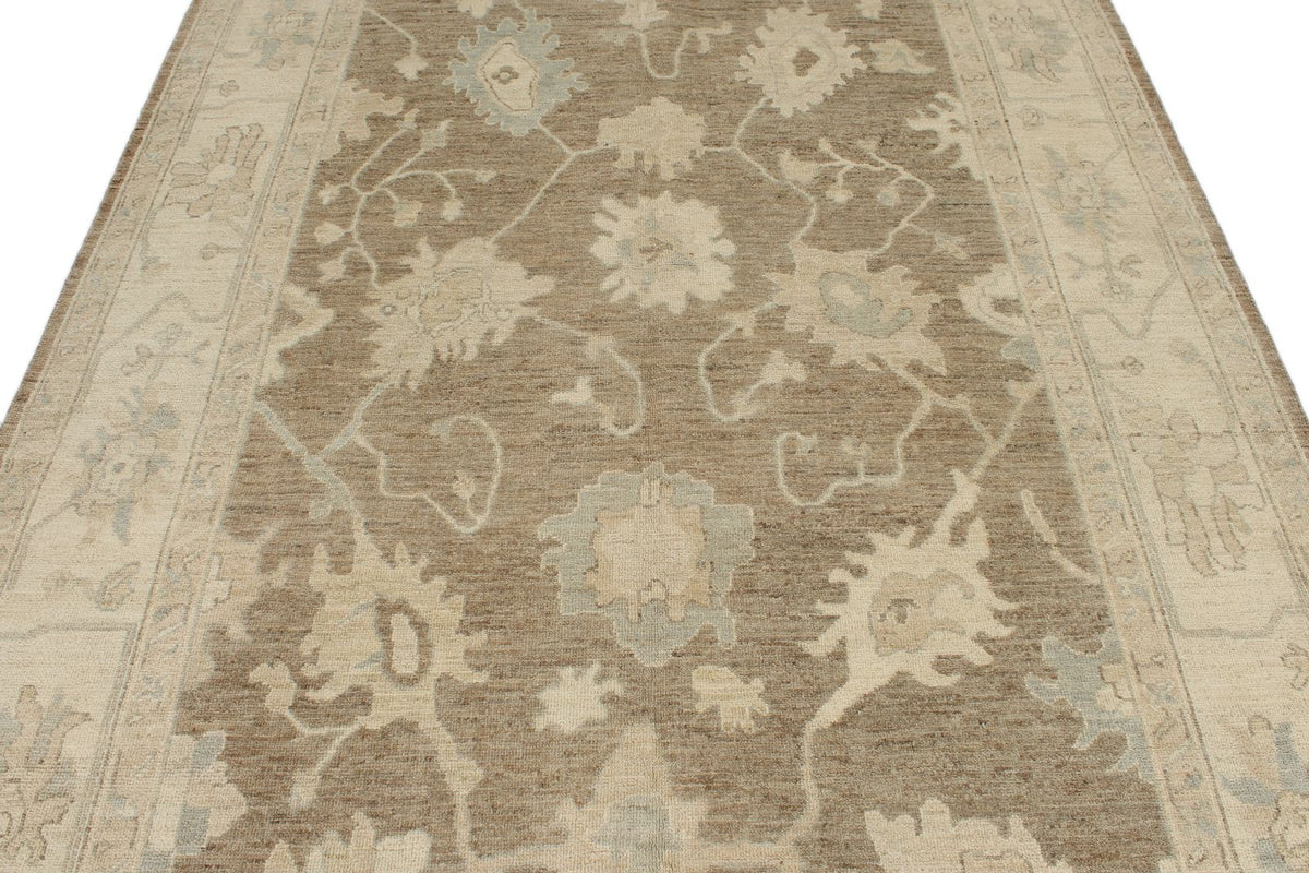 6x9 Brown and Ivory Turkish Oushak Rug