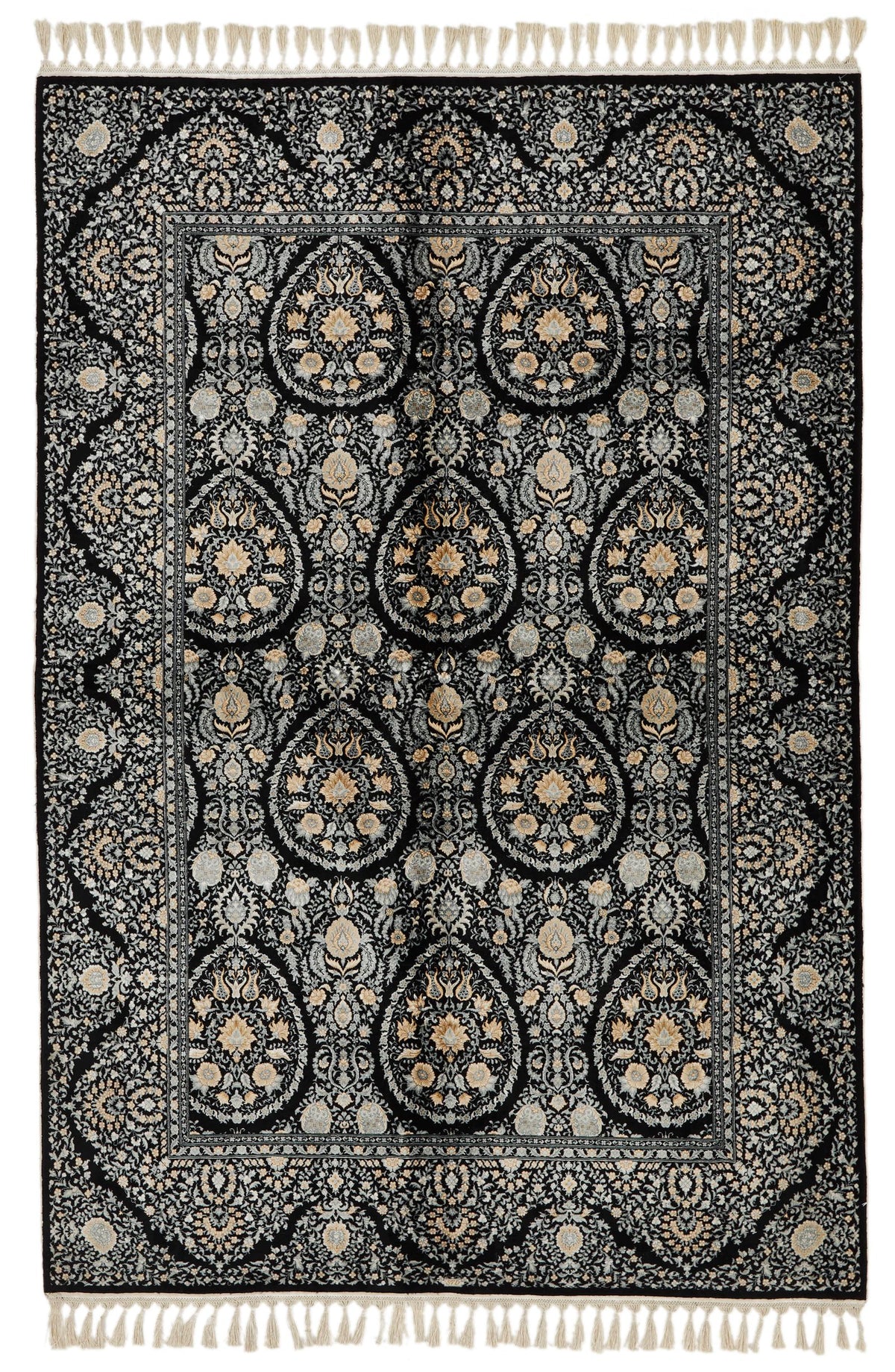 5x7 Black and Ivory Turkish Silk Rug