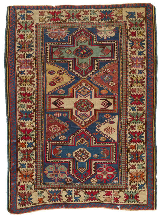 4x5 Blue and Ivory Kazak Tribal Rug