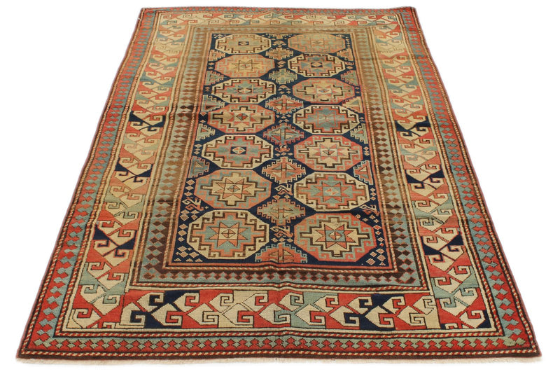 4x8 Navy and Multicolor Kazak Tribal Runner