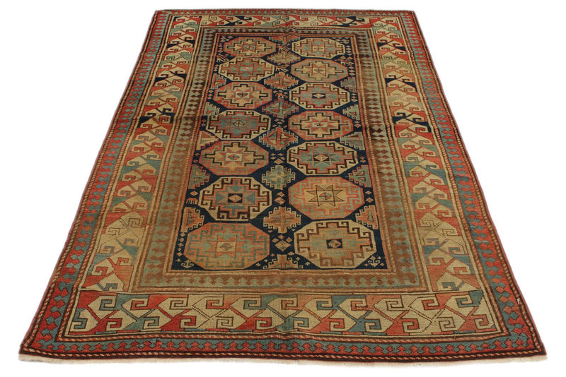 4x8 Navy and Multicolor Kazak Tribal Runner