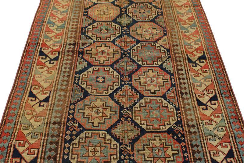 4x8 Navy and Multicolor Kazak Tribal Runner