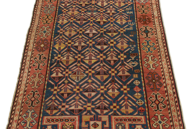 2x6 Blue and Rust Kazak Tribal Runner