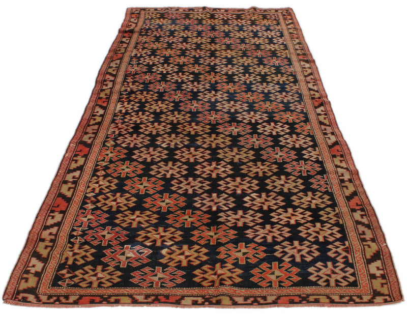 4x9 Navy and Brown Kazak Tribal Runner