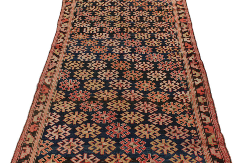 4x9 Navy and Brown Kazak Tribal Runner