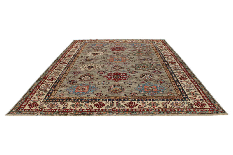 9x12 Navy and Burgundy Kazak Tribal Rug