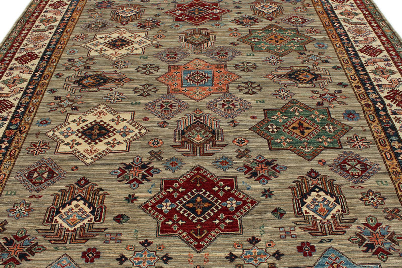 9x12 Navy and Burgundy Kazak Tribal Rug