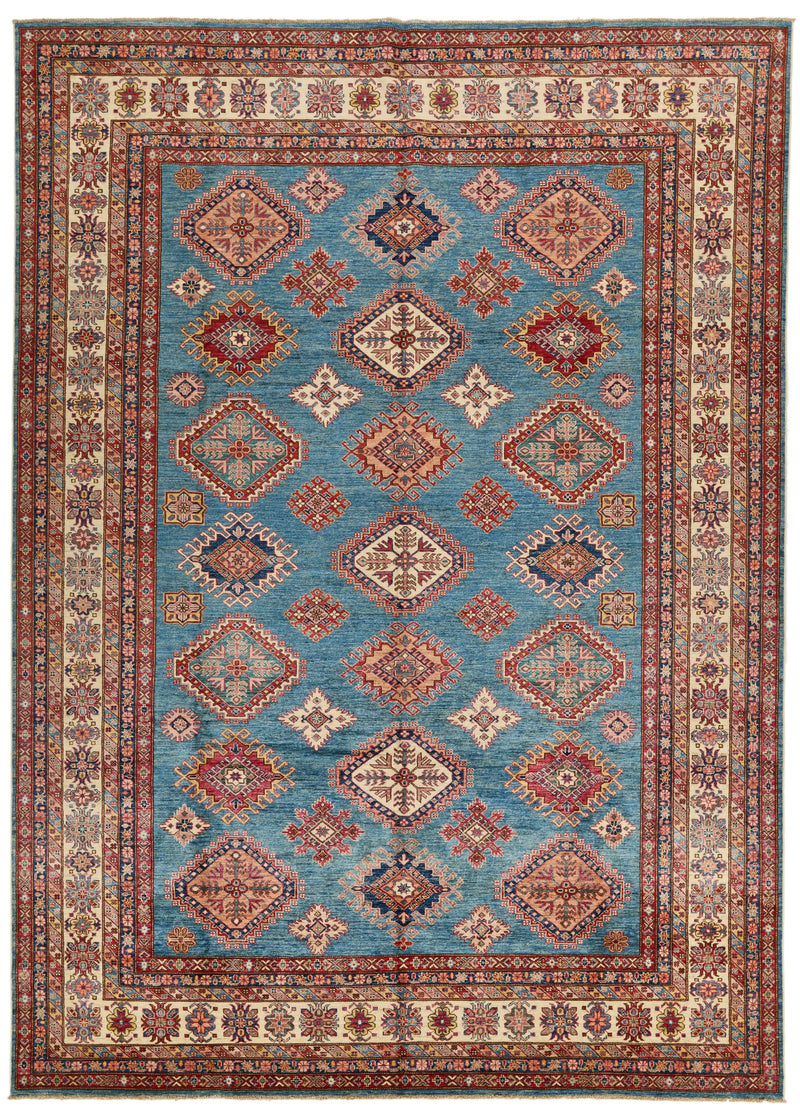 9x12 Blue and Ivory Kazak Tribal Rug