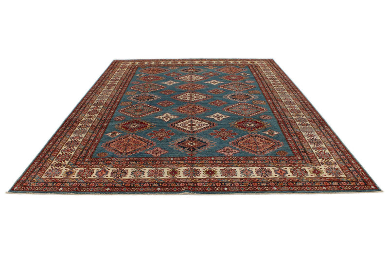 9x12 Blue and Ivory Kazak Tribal Rug