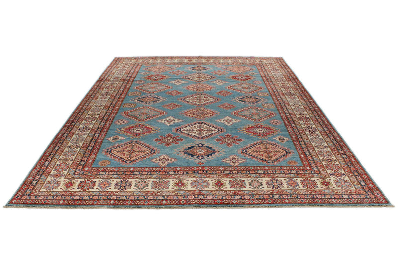 9x12 Blue and Ivory Kazak Tribal Rug