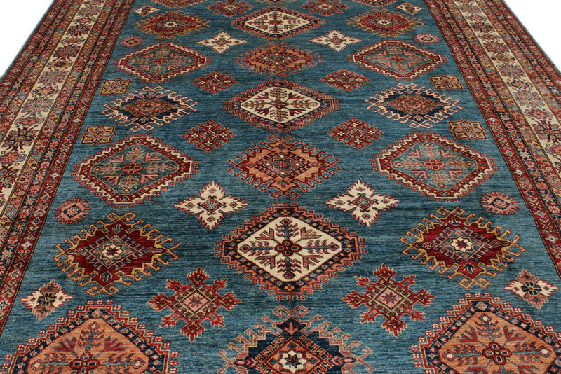 9x12 Blue and Ivory Kazak Tribal Rug
