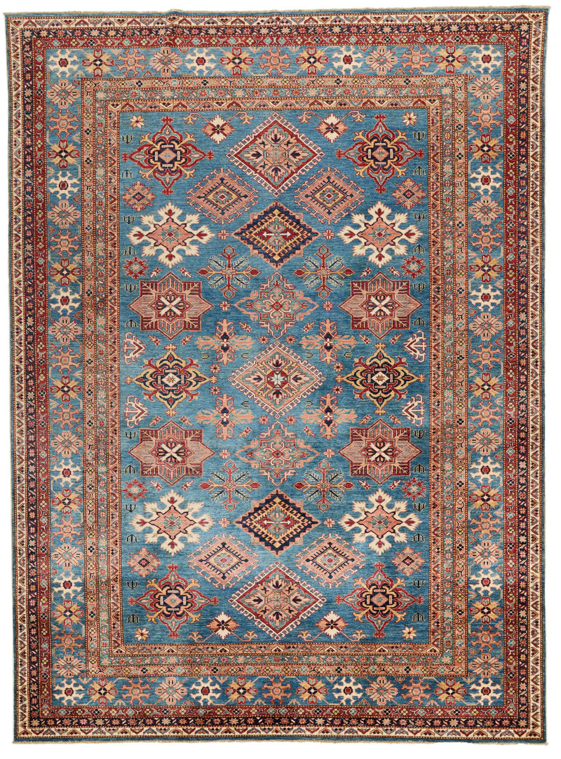 9x12 Blue and Multicolor Kazak Tribal Rug