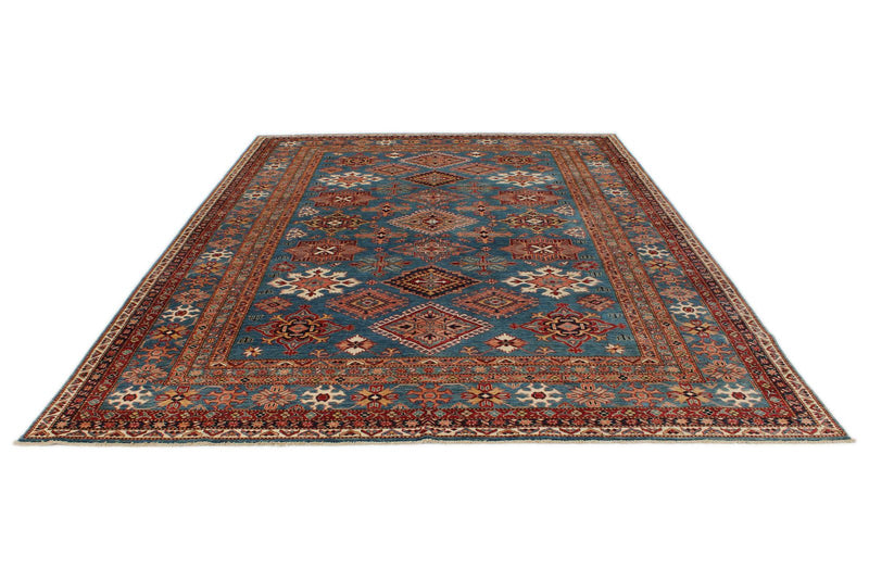 9x12 Blue and Multicolor Kazak Tribal Rug