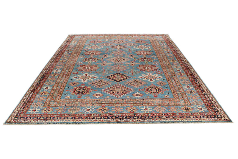 9x12 Blue and Multicolor Kazak Tribal Rug