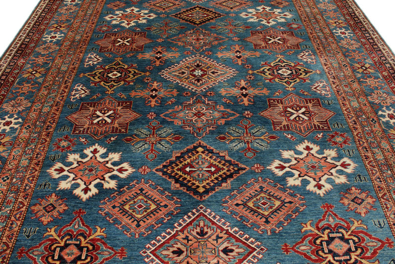 9x12 Blue and Multicolor Kazak Tribal Rug
