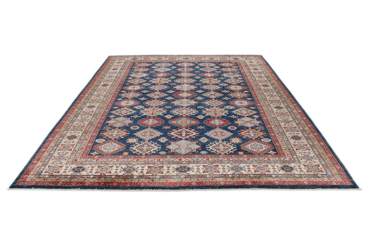 9x12 Navy and Ivory Kazak Tribal Rug