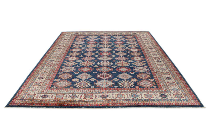 9x12 Navy and Ivory Kazak Tribal Rug