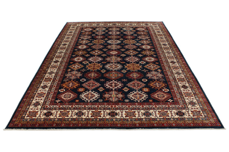9x12 Navy and Ivory Kazak Tribal Rug