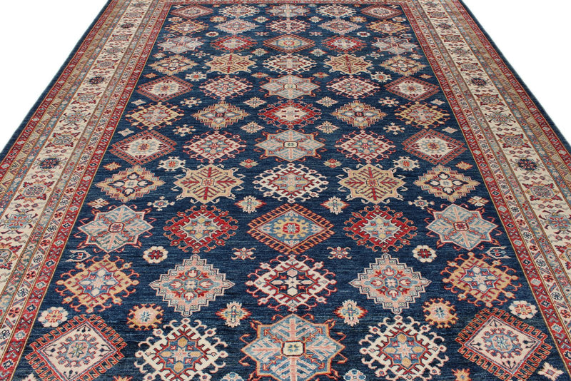 9x12 Navy and Ivory Kazak Tribal Rug