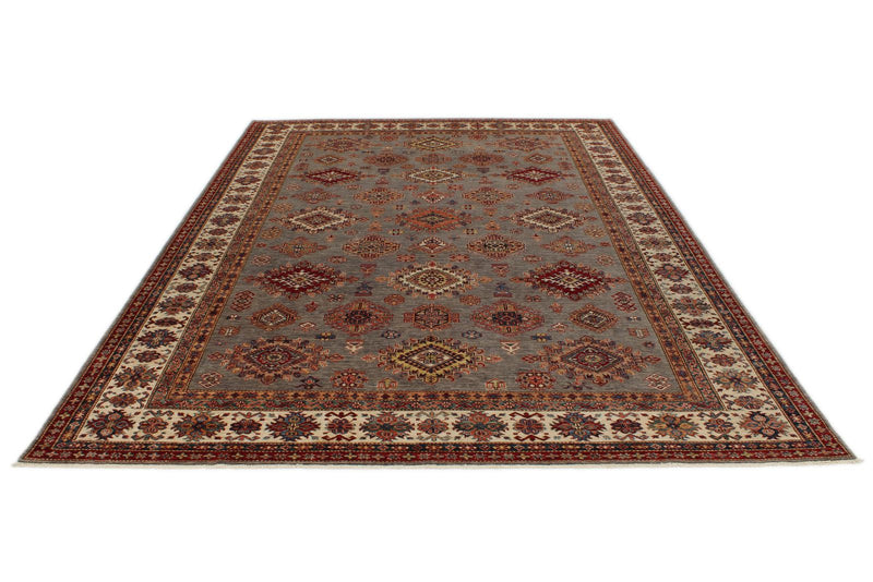 9x12 Light Gray and Ivory Kazak Tribal Rug