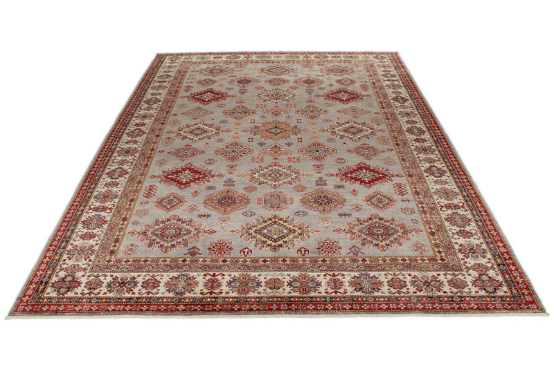 9x12 Light Gray and Ivory Kazak Tribal Rug