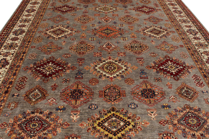 9x12 Light Gray and Ivory Kazak Tribal Rug