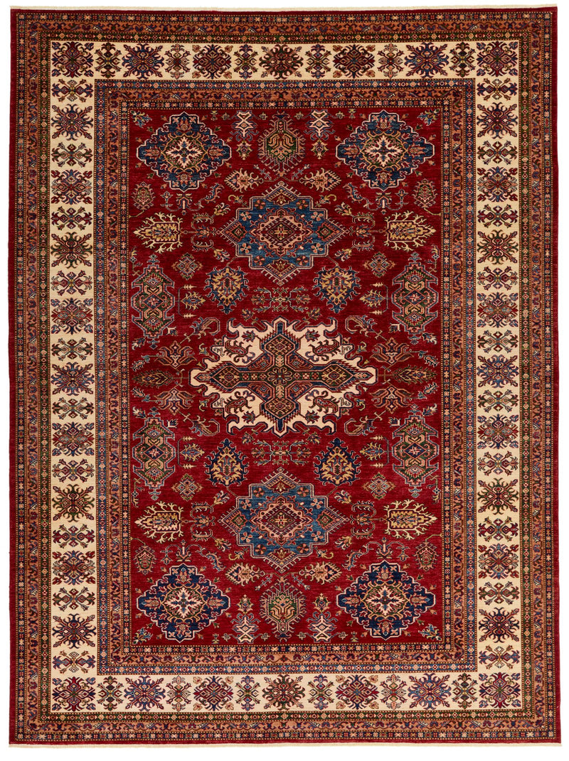 9x12 Red and Ivory Kazak Tribal Rug