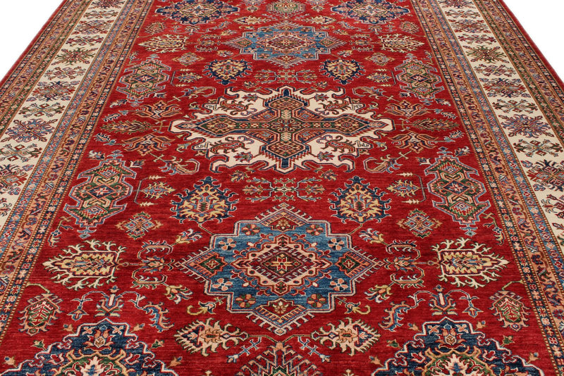 9x12 Red and Ivory Kazak Tribal Rug