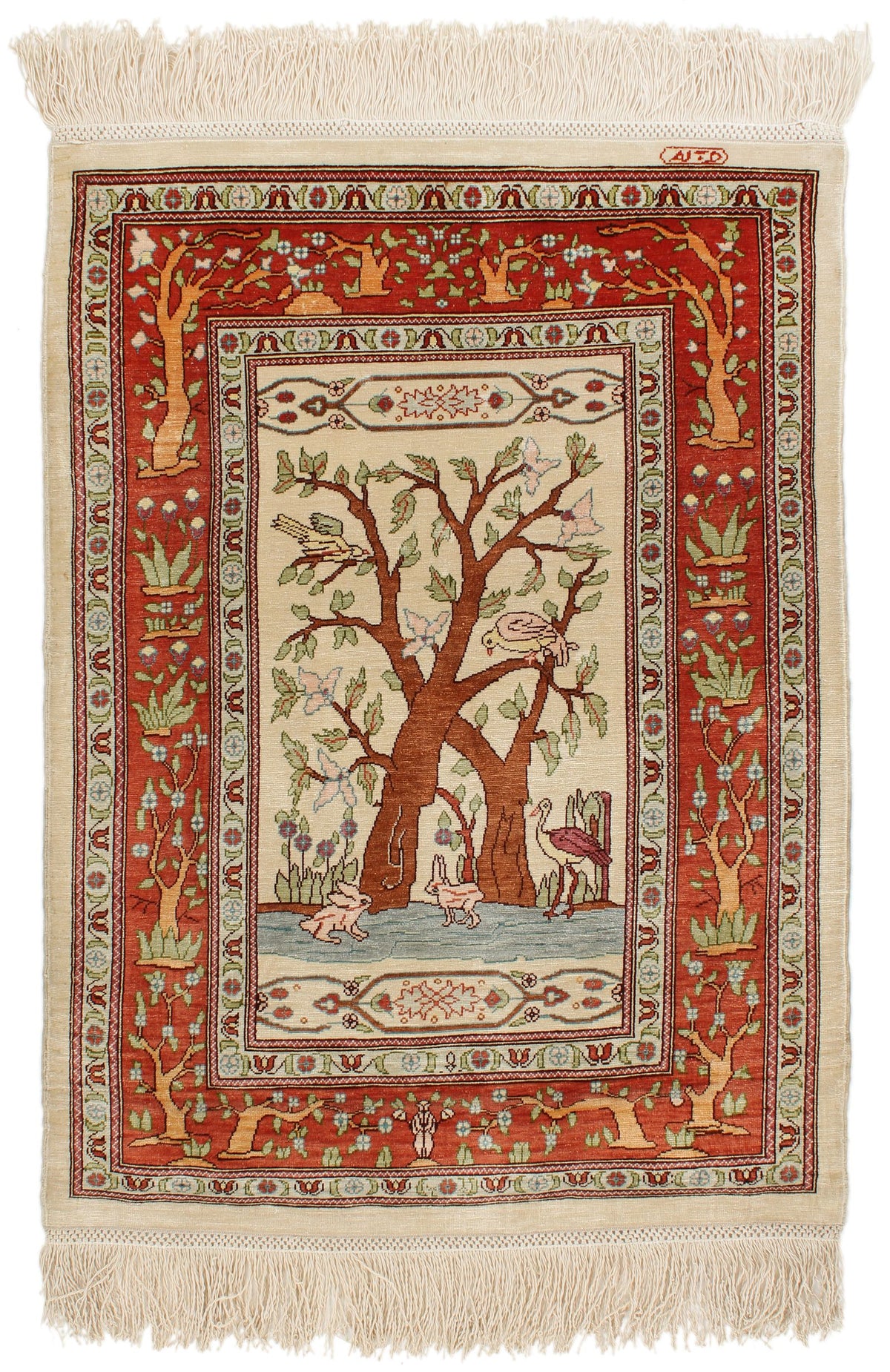 2x2 Ivory and Orange Turkish Traditional Rug