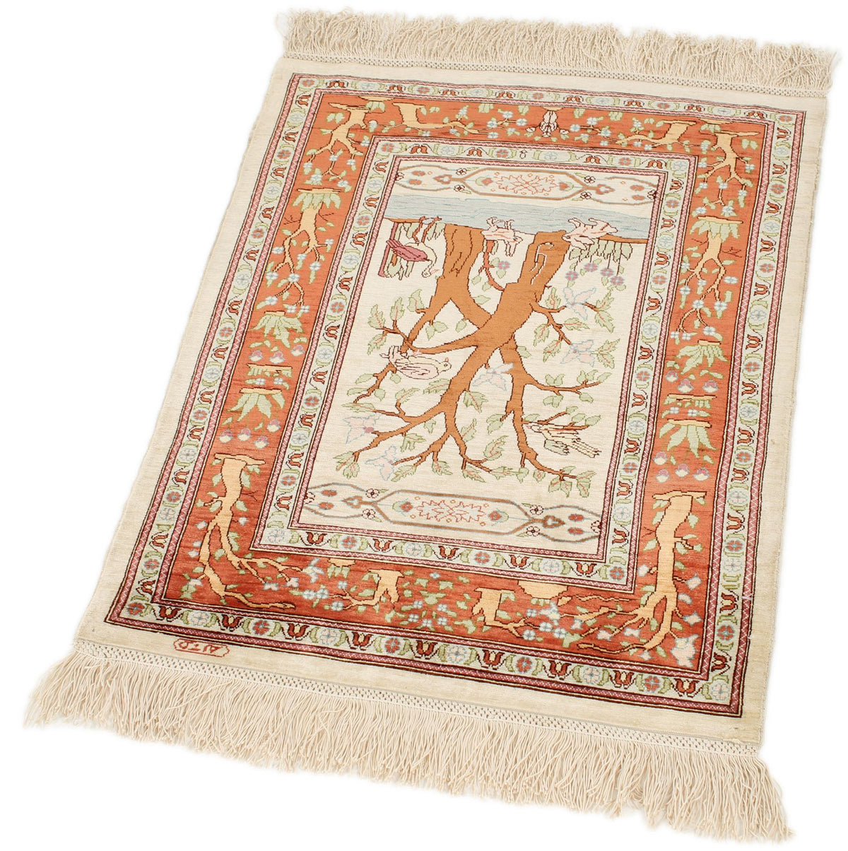 2x2 Ivory and Orange Turkish Traditional Rug